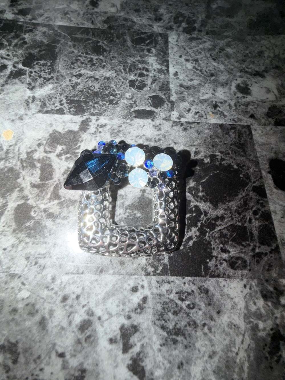 Vintage Silver Tone Square Brooch with Blue and Iridescent Rhinestones